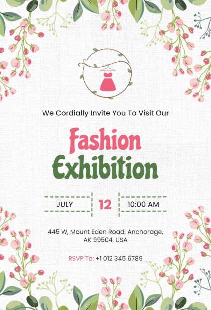 Fashion exhibition invitation template with pink floral border design