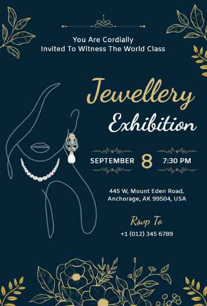 Jewellery exhibition invitation template with gold line art on teal