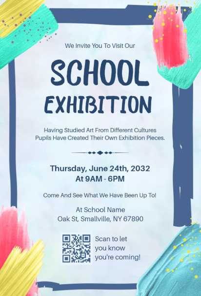 School exhibition invitation template with colorful paint brush strokes on white background