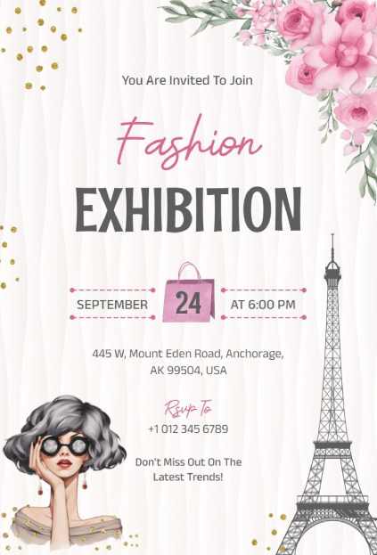 Fashion exhibition invitation template with Eiffel Tower and stylish woman