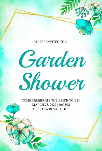 Aqua Themed Bridal Garden Shower Party Invitation With Floral Accents And Refreshing Summer Vibes