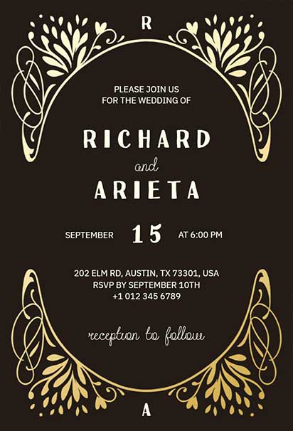 Art Deco Black And Gold Luxury Wedding Invitation With Geometric Patterns And Sleek Metallic Accents