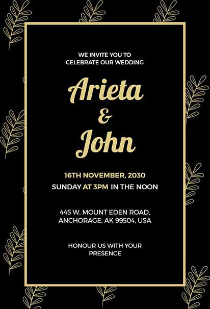 Black Gold Minimal Botanical Luxury Wedding Invitation With Sleek Dark Background And Elegant Metallic Leaf Accents