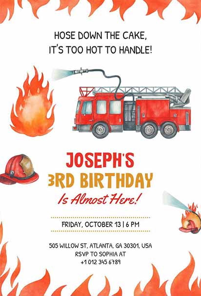 Blazing Hot Firefighter Birthday Invitation With Intense Red Flames And Bold Rescue-Themed Graphics