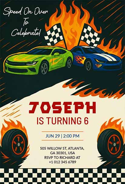 Blazing Speed Racing Championship Hot Wheels Birthday Invitation With Fiery Design And Thrilling Race Vibes