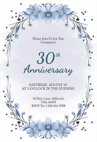 Blue Floral Watercolor Company 30th Anniversary Invitation With Elegant Flower Accents And Soft Artistic Design