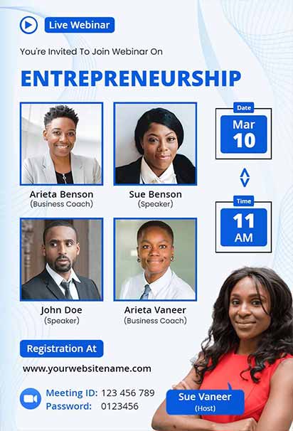 Blue Professional Entrepreneurship Webinar Invitation With Minimal and Elegant Layout