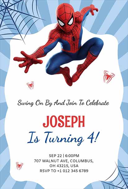 Blue Striped Spiderman Birthday Invitation With Bold Design And Fun Superhero Vibes