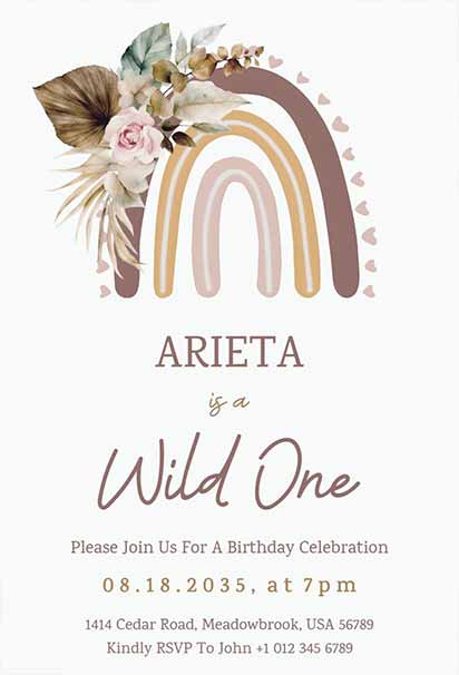 Boho Rainbow Wild One Birthday Invitation With Soft Earthy Colors And Whimsical Celebration Vibes