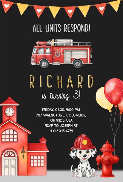 Bold Firefighter Theme Birthday Invitation With Vibrant Red Details And Playful Rescue-Inspired Graphics