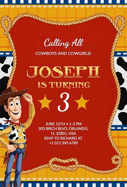 Bold Western-Inspired Toy Story Birthday Invitation With Rustic Elements And Energetic Character Details