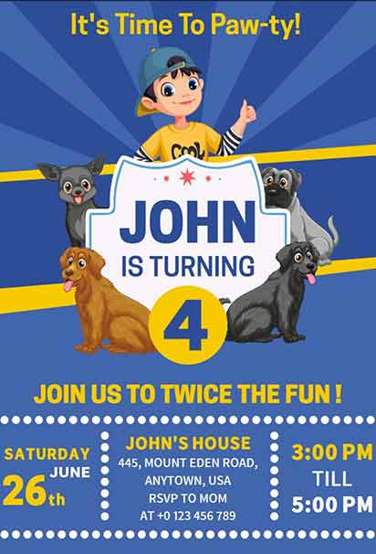 Bright Blue Paw-Themed Kids Birthday Invitation With Cheerful Layout And Playful Cartoon Details