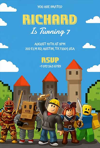 Bright Blue Sky Roblox Adventure Birthday Invitation With Playful Characters And Lively Outdoor Gaming Elements