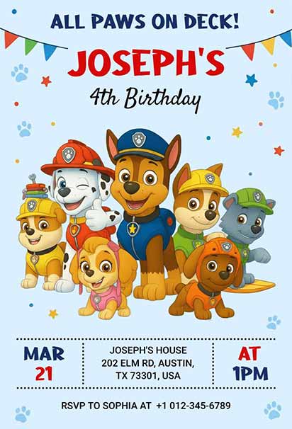 Bright Paw Patrol Birthday Party Celebration Invitation With Colorful Design And Fun Rescue Adventure Theme