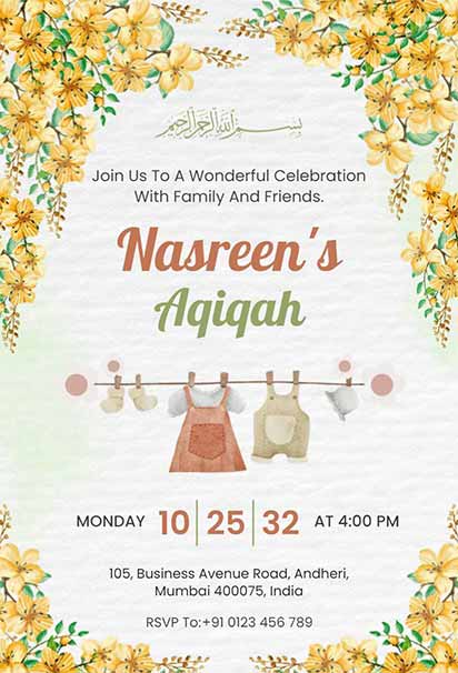 Bright Yellow Floral Aqiqah Invitation With Cheerful Blooms And Warm Decorative Elements