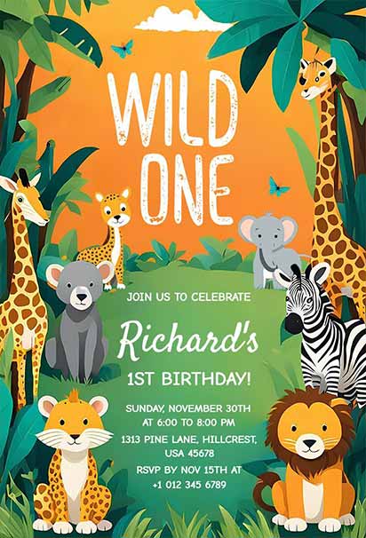 Cartoon jungle safari wild one birthday invitation featuring playful animals, bright greenery, and a fun adventure-themed layout.