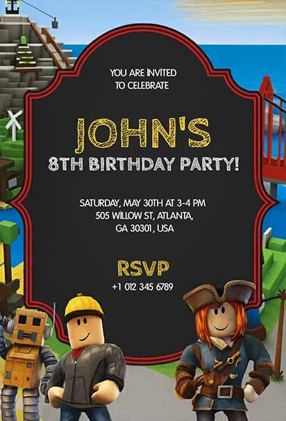 Chalkboard-Style Gaming Roblox Birthday Invitation With Hand-Drawn Accents And Fun Character Graphics