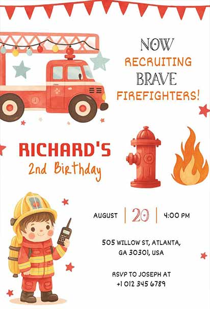 Charming Firefighter Recruitment Theme Birthday Invitation With Bright Red Fire Truck Graphics And Playful Rescue Elements