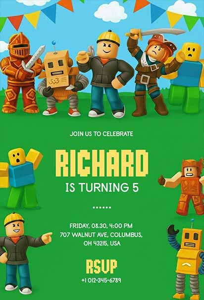 Cheerful Green Meadow Roblox Birthday Party Invitation With Bright Outdoor Scenery And Playful Character Artwork