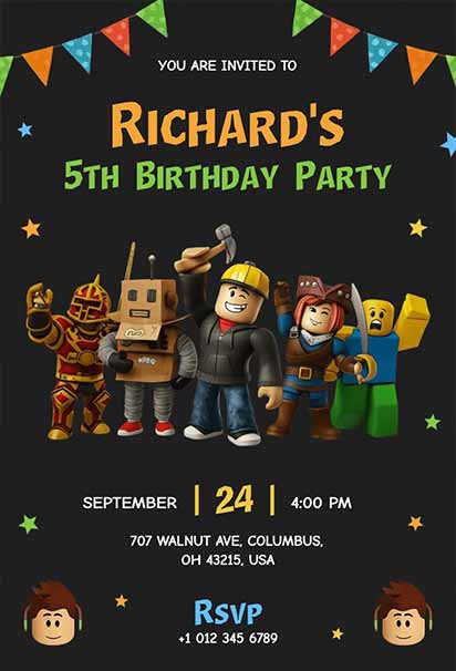 Classic Dark Roblox Birthday Party Invitation With Bold Contrasting Colors And Striking Gaming Character Visuals