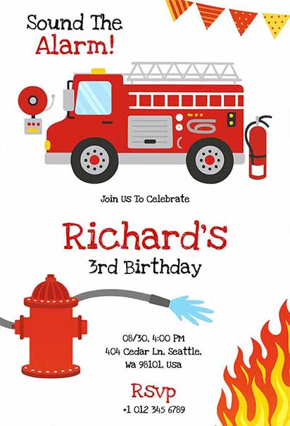 Classic Fire Truck Birthday Party Invitation With Bright Red Engine Artwork And Bold Rescue-Themed Details