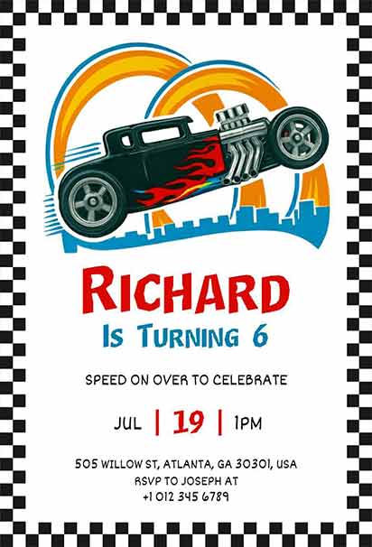 Classic Hot Rod City Cruiser Hot Wheels Birthday Invitation With Retro Style And Exciting Car Vibes