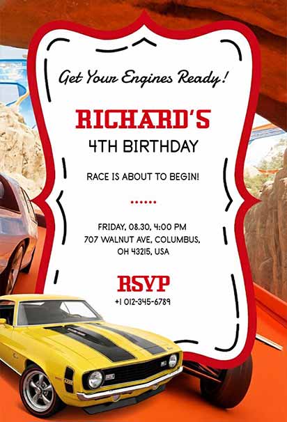 Classic Muscle Car Desert Rally Hot Wheels Birthday Invitation With Bold Colors And Adventure Racing Theme