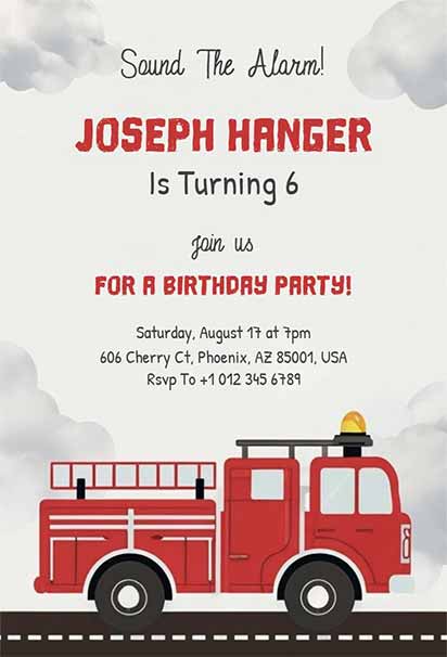 Cloudy Sky Fire Truck Birthday Alert Invitation With Soft Blue Background And Bright Rescue Vehicle Artwork