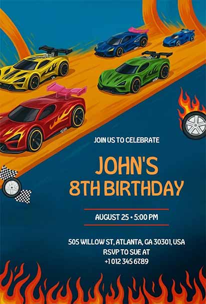 Colorful Speed Racers Hot Wheels Birthday Party Invitation With Bright Tracks And Energetic Racing Vibes