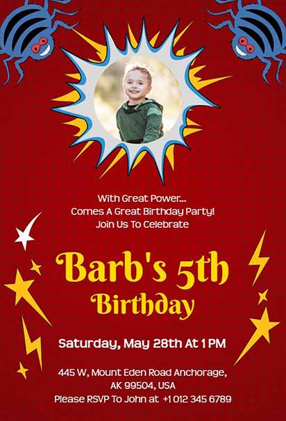 Comic Superhero Spider Themed Photo Birthday Invite With Vibrant Design And Playful Hero Vibes