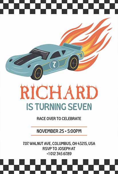 Cool Blue Racer Hot Wheels Themed Birthday Announcement Invitation With Sleek Design And High-Speed Energy