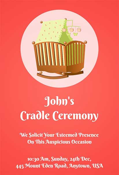 Coral Wooden Cradle Ceremony Invitation With Warm Pastel Tones And Charming Wooden Cradle Illustration