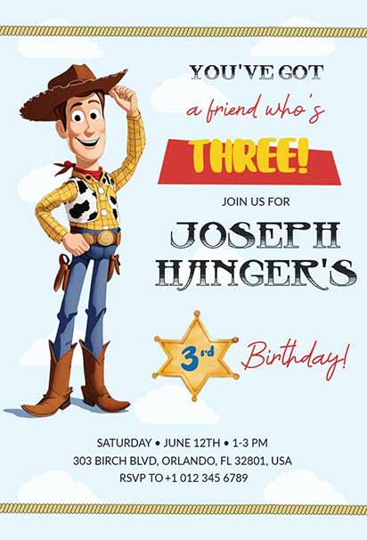Cowboy-Themed Toy Story 3rd Birthday Invitation With Rustic Western Elements And Playful Character Illustrations