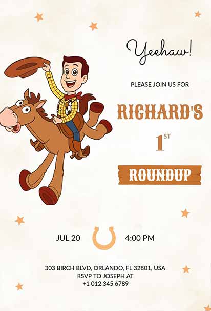 Cowboy Western Toy Story 1st Birthday Roundup Invitation With Rustic Details And Playful Character Highlights