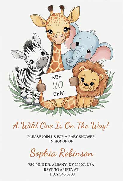 Cute Safari Friends Baby Shower Design Featuring Adorable Jungle Animals And Soft Greenery
