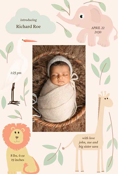 Cute Safari-Themed Birth Announcement With Adorable Jungle Animals And Soft Earthy Color Details
