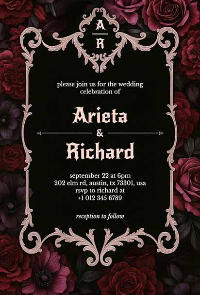 Dark Floral Gothic Wedding Invitation With Moody Botanical Artwork And Elegant Vintage-Inspired Details