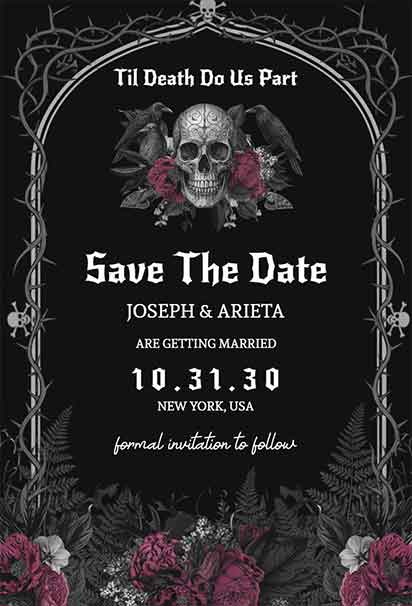 Dark Gothic Skull Halloween Wedding Invitation With Moody Black Tones And Intricate Skull-And-Floral Artwork