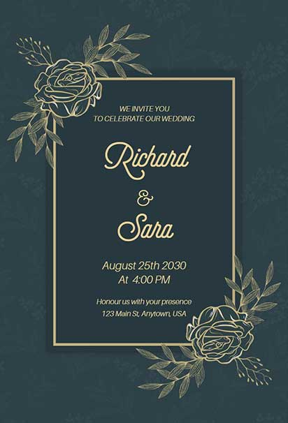 Dark Teal Gold Floral Line Art Luxury Wedding Invitation With Elegant Botanical Illustrations And Refined Metallic Details