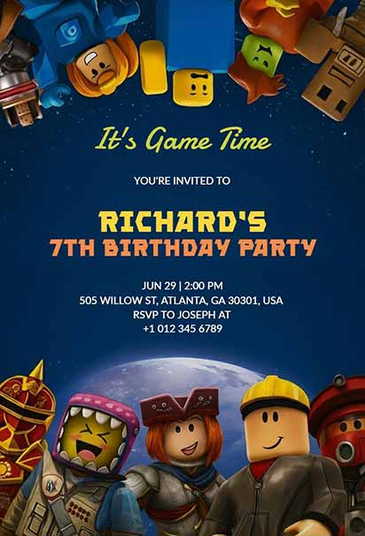 Deep Space Roblox Gaming Adventure Birthday Invitation With Vibrant Galactic Background And Bold Character Graphics