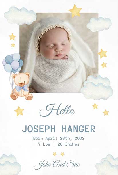 Dreamy Cloud Teddy Theme Baby Announcement With Soft Pastel Shades And Adorable Floating Teddy Illustrations