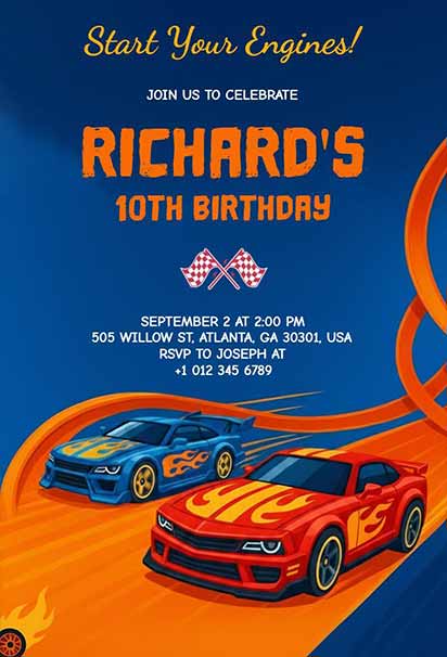 Dynamic Racing Track Hot Wheels Birthday Celebration Invitation With Bold Colors And Action-Packed Theme