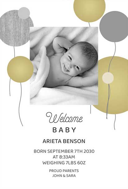 Elegant Balloon-Themed Birth Announcement With Soft Pastel Colors And Light, Airy Decorative Balloons