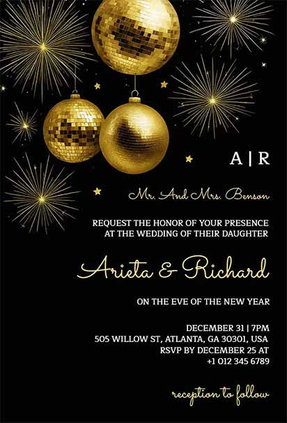 Elegant Black And Gold New Year’s Eve Wedding Invitation With Luxurious Metallic Accents