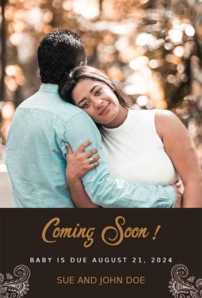Elegant Brown And Gold Pregnancy Announcement Template With Sophisticated Design And Luxurious Celebration Theme