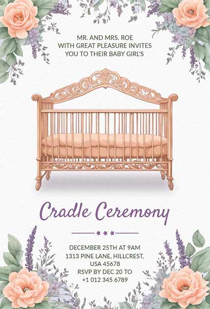 Elegant Floral Cradle Ceremony Invitation With Soft Pastel Flowers And Gentle Baby-Themed Details