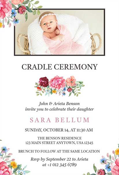 Elegant Floral Pink-Themed Cradle Ceremony Invitation With Soft Blossoms And Graceful Pastel Decorative Elements