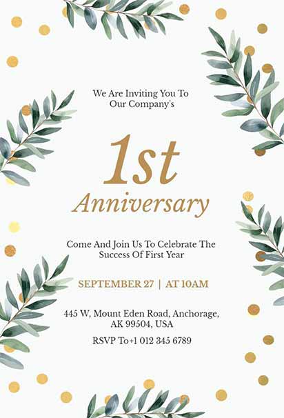 Elegant Greenery And Gold Company 1st Anniversary Invitation With Sophisticated Floral Accents And Luxurious Design