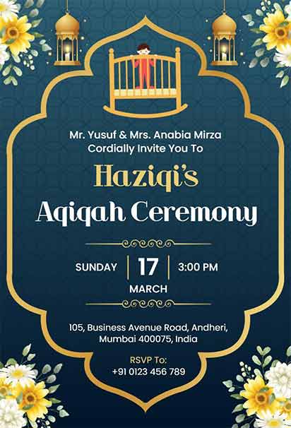 Elegant Islamic Aqiqah Ceremony Invitation With Gold Motifs And Deep Green Accents