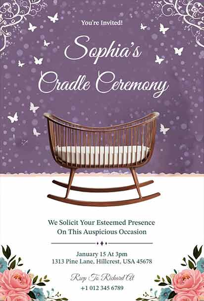 Elegant Purple Cradle Ceremony Invitation With Rich Floral Accents And Soft Decorative Elements